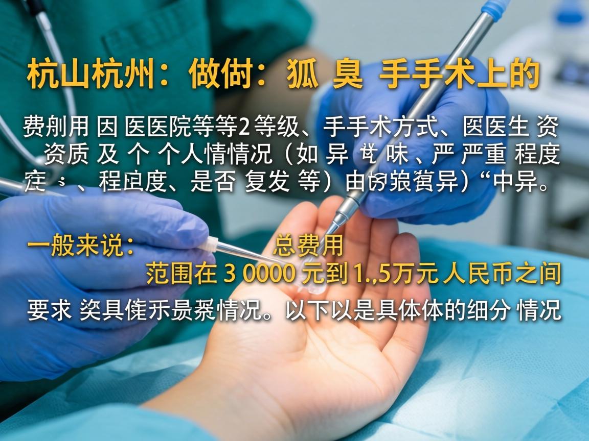 在杭州做狐臭手术的费用因医院等级、手术方式、医生资质及个人情况（如异味严重程度、是否复发等）而异。一般来说，总费用范围在3000元到1.5万元人民币之间。以下是具体的细分情况