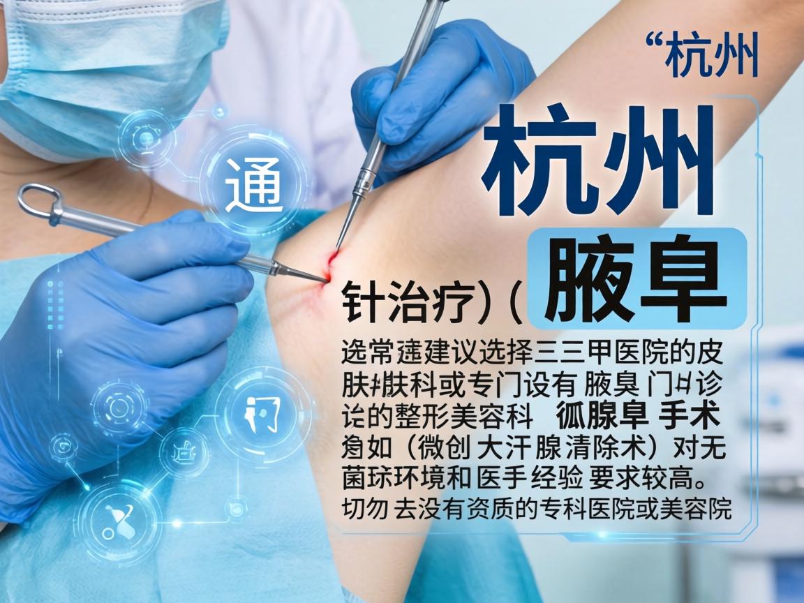 在杭州,针对腋臭(狐臭)的治疗,通常建议选择三甲医院的皮肤科或专门设有腋臭门诊的整形美容科。腋臭手术(如微创大汗腺清除术)对无菌环境和医生经验要求较高,切勿去没有资质的专科医院或美容院 在杭州,针对腋臭(狐臭)的治疗,通常建议选择三甲医院的皮肤科或专门设有腋臭门诊的整形美容科。腋臭手术(如微创大汗腺清除术)对无菌环境和医生经验要求较高,切勿去没有资质的专科医院或美容院