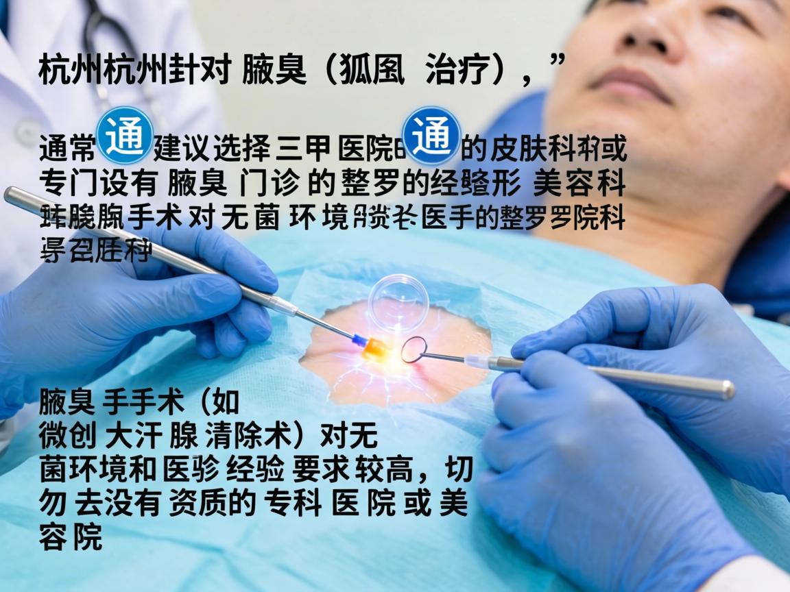 在杭州,针对腋臭(狐臭)的治疗,通常建议选择三甲医院的皮肤科或专门设有腋臭门诊的整形美容科。腋臭手术(如微创大汗腺清除术)对无菌环境和医生经验要求较高,切勿去没有资质的专科医院或美容院 在杭州,针对腋臭(狐臭)的治疗,通常建议选择三甲医院的皮肤科或专门设有腋臭门诊的整形美容科。腋臭手术(如微创大汗腺清除术)对无菌环境和医生经验要求较高,切勿去没有资质的专科医院或美容院