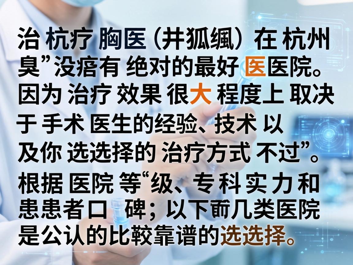 治疗腋臭(狐臭)在杭州并没有绝对的最好医院,因为治疗效果很大程度上取决于手术医生的经验、技术以及你选择的治疗方式。不过,根据医院等级、专科实力和患者口碑,以下几类医院是公认的比较靠谱的选择 治疗腋臭(狐臭)在杭州并没有绝对的最好医院,因为治疗效果很大程度上取决于手术医生的经验、技术以及你选择的治疗方式。不过,根据医院等级、专科实力和患者口碑,以下几类医院是公认的比较靠谱的选择