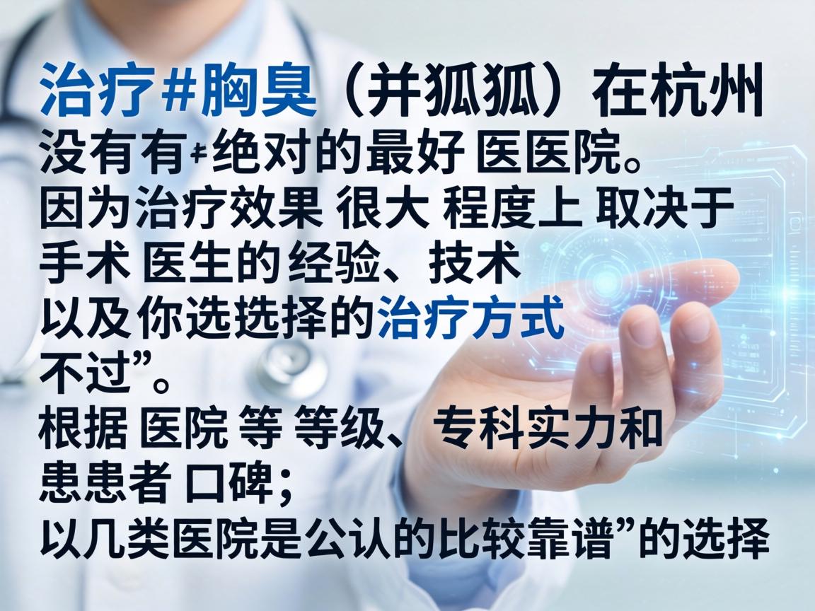 治疗腋臭(狐臭)在杭州并没有绝对的最好医院,因为治疗效果很大程度上取决于手术医生的经验、技术以及你选择的治疗方式。不过,根据医院等级、专科实力和患者口碑,以下几类医院是公认的比较靠谱的选择 治疗腋臭(狐臭)在杭州并没有绝对的最好医院,因为治疗效果很大程度上取决于手术医生的经验、技术以及你选择的治疗方式。不过,根据医院等级、专科实力和患者口碑,以下几类医院是公认的比较靠谱的选择