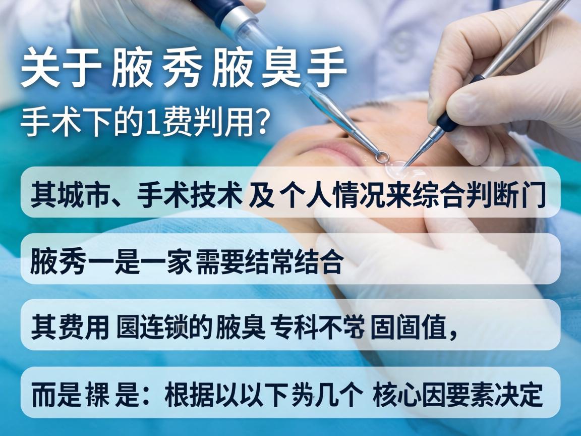 关于腋秀腋臭手术的费用,这是一个需要结合具体城市、手术技术及个人情况来综合判断的问题。腋秀是一家全国连锁的腋臭专科机构,其费用通常不是固定值,而是根据以下几个核心因素决定的 关于腋秀腋臭手术的费用,这是一个需要结合具体城市、手术技术及个人情况来综合判断的问题。腋秀是一家全国连锁的腋臭专科机构,其费用通常不是固定值,而是根据以下几个核心因素决定的