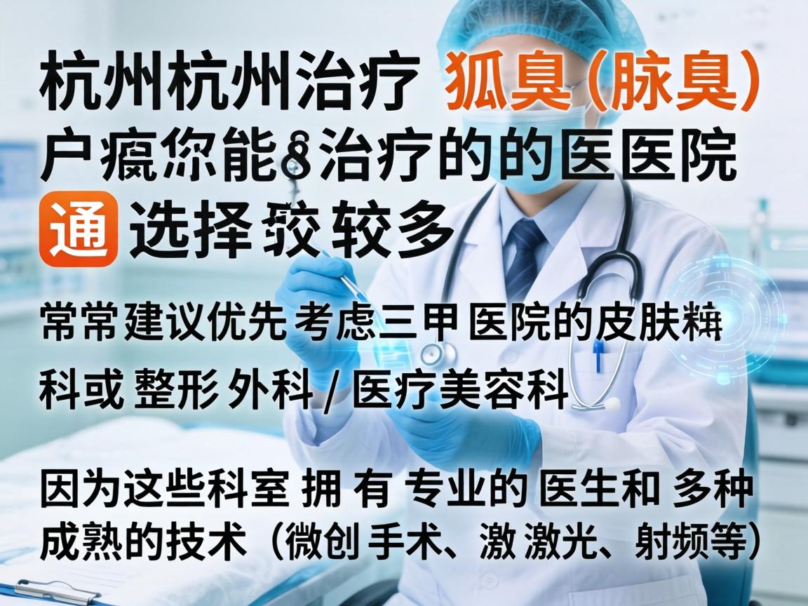 在杭州,治疗狐臭(腋臭)的医院选择较多,通常建议优先考虑三甲医院的皮肤科或整形外科/医疗美容科,因为这些科室拥有专业的医生和多种成熟的技术(如微创手术、激光、射频等) 在杭州,治疗狐臭(腋臭)的医院选择较多,通常建议优先考虑三甲医院的皮肤科或整形外科/医疗美容科,因为这些科室拥有专业的医生和多种成熟的技术(如微创手术、激光、射频等)