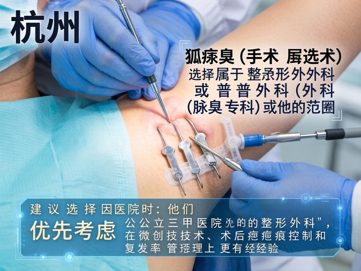 在杭州，腋臭手术（狐臭手术）属于整形外科或普外科（腋臭专科）的范畴。选择医院时，建议优先考虑公立三甲医院的整形外科，因为他们在微创技术、术后疤痕控制和复发率管理上更有经验