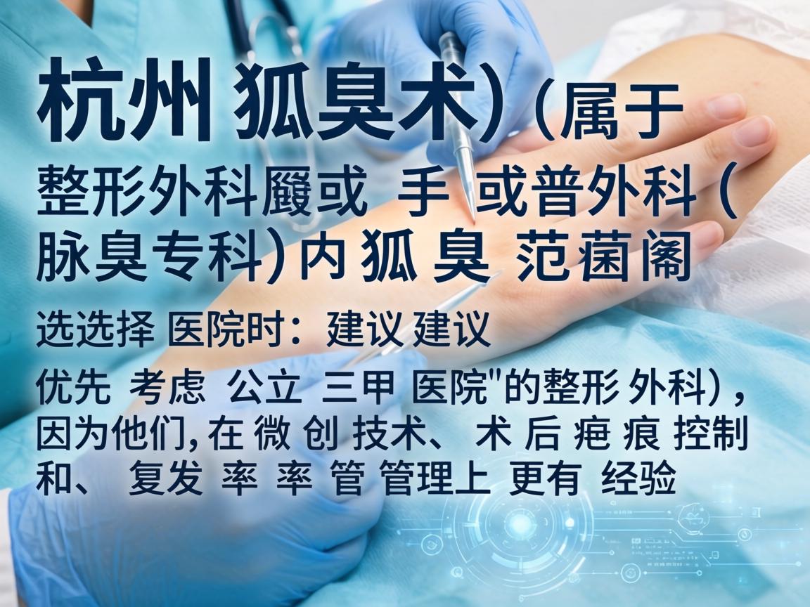 在杭州，腋臭手术（狐臭手术）属于整形外科或普外科（腋臭专科）的范畴。选择医院时，建议优先考虑公立三甲医院的整形外科，因为他们在微创技术、术后疤痕控制和复发率管理上更有经验