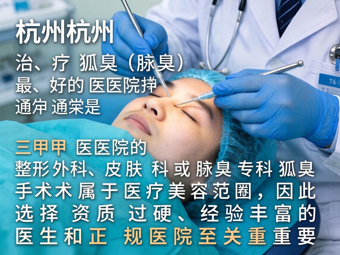 在杭州,治疗狐臭(腋臭)最好的医院通常是三甲医院的整形外科、皮肤科或腋臭专科。狐臭手术属于医疗美容范畴,因此选择资质过硬、经验丰富的医生和正规医院至关重要 在杭州,治疗狐臭(腋臭)最好的医院通常是三甲医院的整形外科、皮肤科或腋臭专科。狐臭手术属于医疗美容范畴,因此选择资质过硬、经验丰富的医生和正规医院至关重要