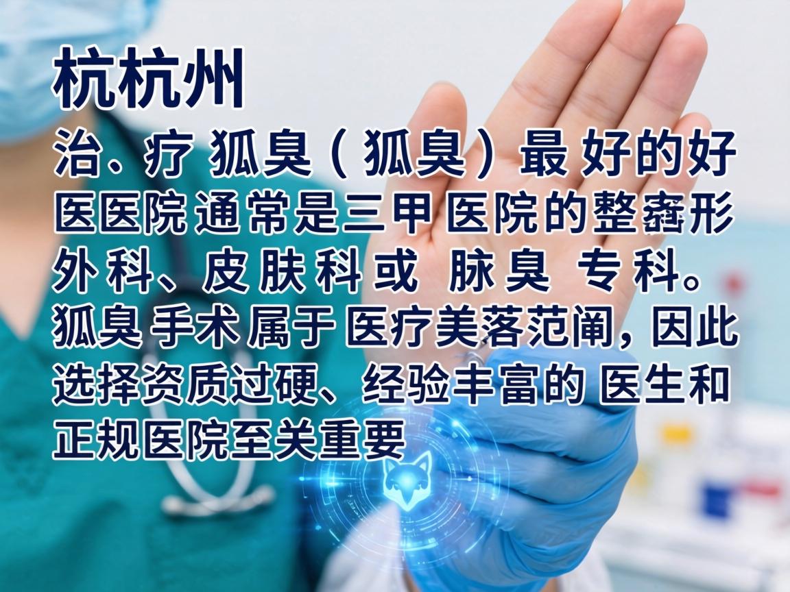 在杭州,治疗狐臭(腋臭)最好的医院通常是三甲医院的整形外科、皮肤科或腋臭专科。狐臭手术属于医疗美容范畴,因此选择资质过硬、经验丰富的医生和正规医院至关重要 在杭州,治疗狐臭(腋臭)最好的医院通常是三甲医院的整形外科、皮肤科或腋臭专科。狐臭手术属于医疗美容范畴,因此选择资质过硬、经验丰富的医生和正规医院至关重要