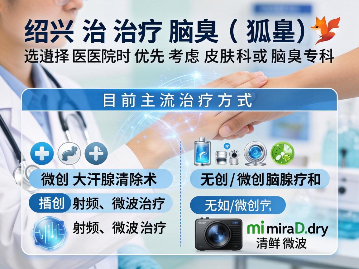 在绍兴治疗腋臭(狐臭)选择医院时优先考虑皮肤科或腋臭专科。目前主流治疗方式包括微创大汗腺清除术和无创/微创的射频、微波治疗(如miraDry清新微波) 在绍兴治疗腋臭(狐臭)选择医院时优先考虑皮肤科或腋臭专科。目前主流治疗方式包括微创大汗腺清除术和无创/微创的射频、微波治疗(如miraDry清新微波)