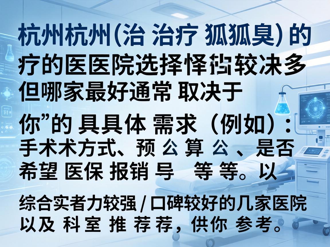 在杭州,治疗腋臭(狐臭)的医院选择较多,但哪家最好通常取决于你的具体需求(例如,手术方式、预算、是否希望医保报销等)以下是综合实力较强、口碑较好的几家医院及科室推荐,供你参考 在杭州,治疗腋臭(狐臭)的医院选择较多,但哪家最好通常取决于你的具体需求(例如,手术方式、预算、是否希望医保报销等)以下是综合实力较强、口碑较好的几家医院及科室推荐,供你参考