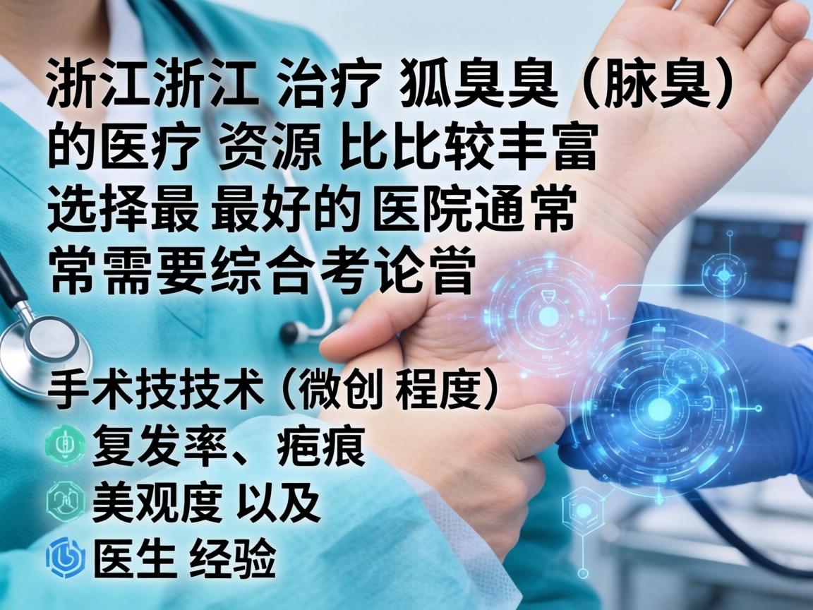 在浙江,治疗狐臭(腋臭)的医疗资源比较丰富。选择最好的医院通常需要综合考量手术技术(微创程度)复发率、疤痕美观度以及医生经验 在浙江,治疗狐臭(腋臭)的医疗资源比较丰富。选择最好的医院通常需要综合考量手术技术(微创程度)复发率、疤痕美观度以及医生经验