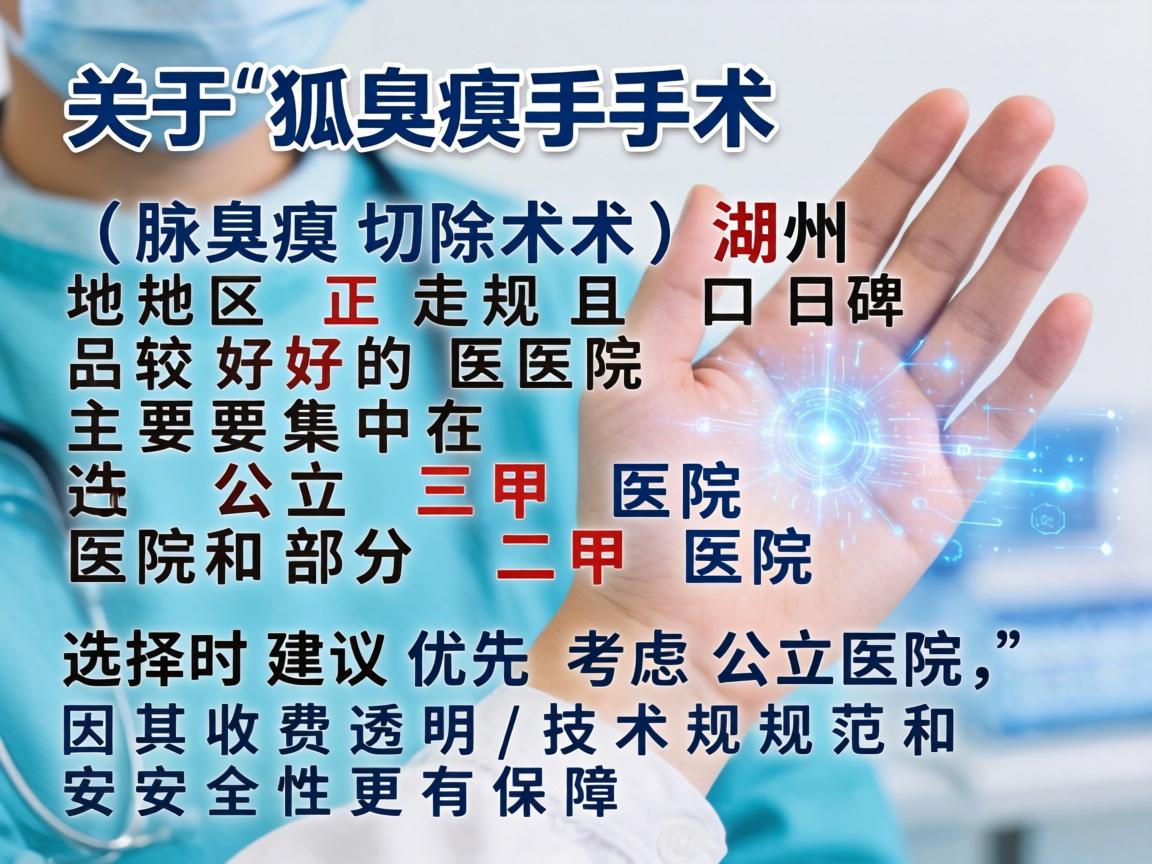 关于狐臭手术(腋臭切除术)湖州地区正规且口碑较好的医院主要集中在公立三甲医院和部分二甲医院。选择时建议优先考虑公立医院,因其收费透明、技术规范和安全性更有保障 关于狐臭手术(腋臭切除术)湖州地区正规且口碑较好的医院主要集中在公立三甲医院和部分二甲医院。选择时建议优先考虑公立医院,因其收费透明、技术规范和安全性更有保障