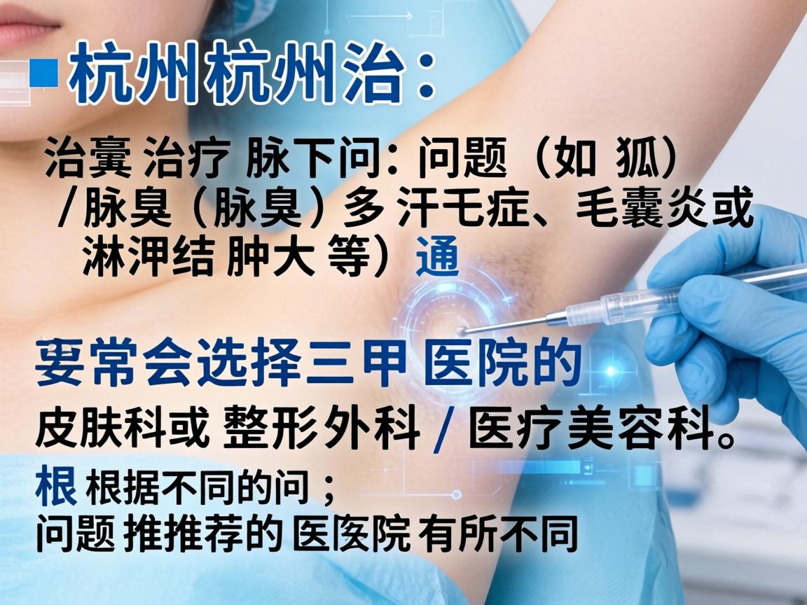 在杭州，治疗腋下问题（如狐臭（腋臭）多汗症、毛囊炎或淋巴结肿大等）通常会选择三甲医院的皮肤科或整形外科/医疗美容科。根据不同的问题，推荐的医院有所不同