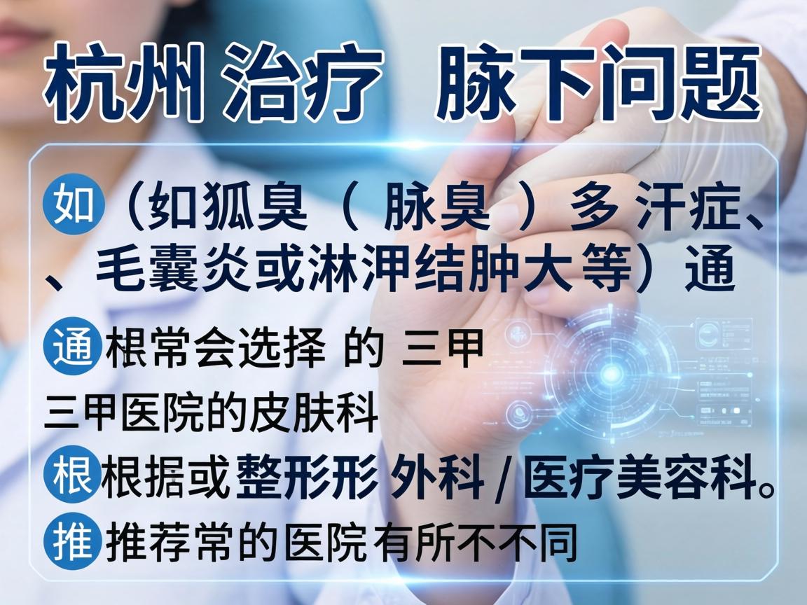 在杭州，治疗腋下问题（如狐臭（腋臭）多汗症、毛囊炎或淋巴结肿大等）通常会选择三甲医院的皮肤科或整形外科/医疗美容科。根据不同的问题，推荐的医院有所不同