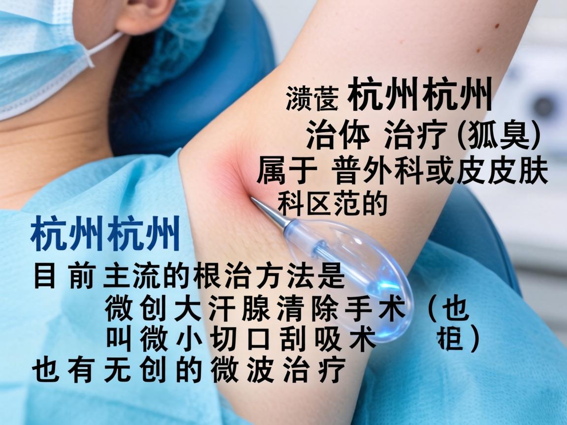 在杭州,治疗腋臭(狐臭)属于普外科或皮肤科的范畴。目前主流的根治方法是微创大汗腺清除术(也叫微小切口刮吸术)也有无创的微波治疗 在杭州,治疗腋臭(狐臭)属于普外科或皮肤科的范畴。目前主流的根治方法是微创大汗腺清除术(也叫微小切口刮吸术)也有无创的微波治疗