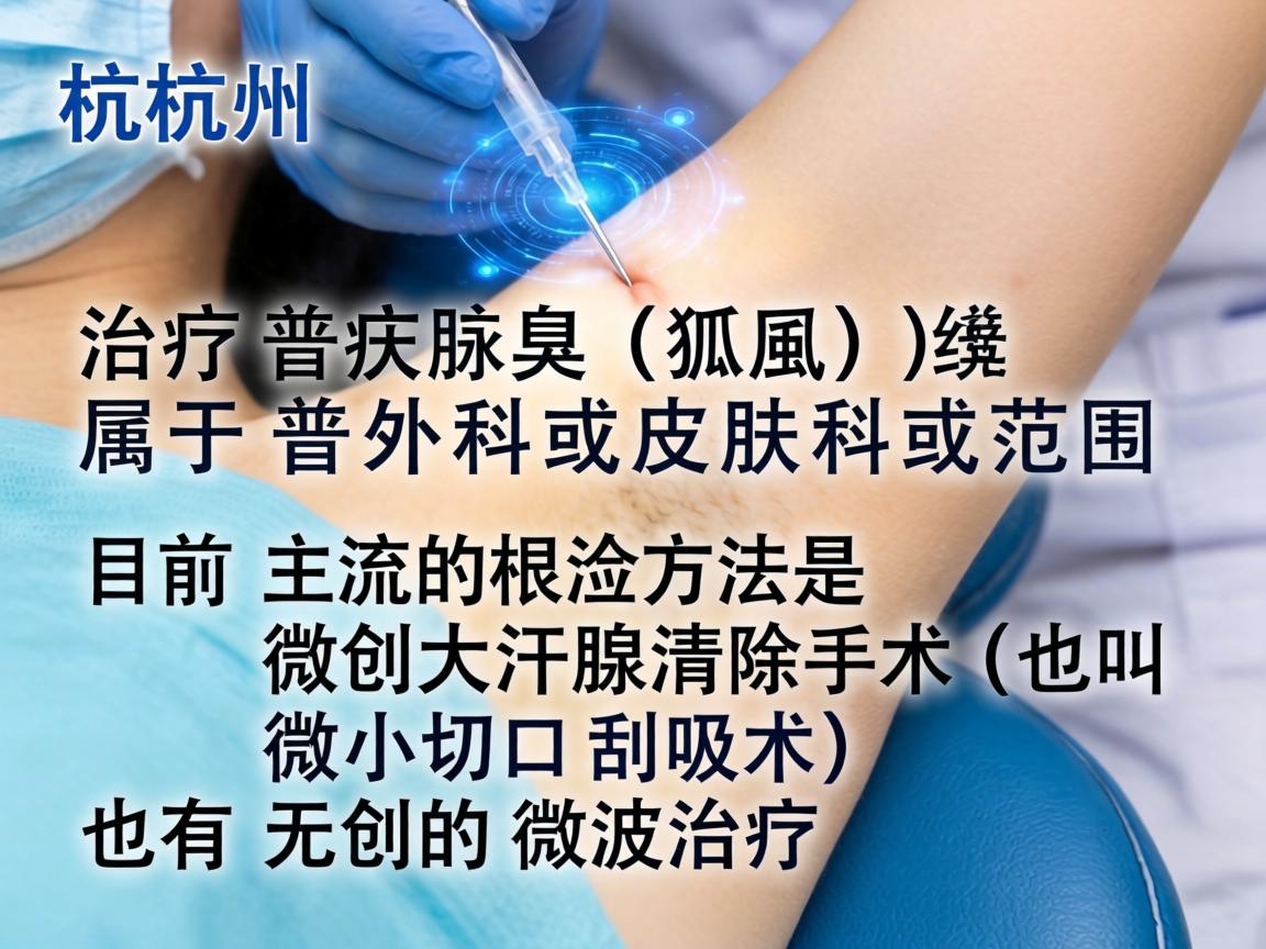 在杭州,治疗腋臭(狐臭)属于普外科或皮肤科的范畴。目前主流的根治方法是微创大汗腺清除术(也叫微小切口刮吸术)也有无创的微波治疗 在杭州,治疗腋臭(狐臭)属于普外科或皮肤科的范畴。目前主流的根治方法是微创大汗腺清除术(也叫微小切口刮吸术)也有无创的微波治疗