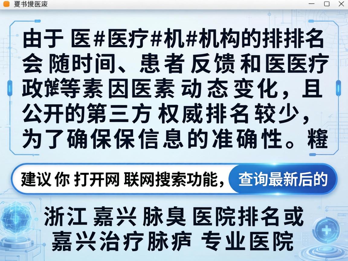 由于医疗机构的排名会随时间、患者反馈和医疗政策等因素动态变化，且公开的第三方权威排名较少，为了确保信息的准确性，建议你打开联网搜索功能，查询最新的浙江嘉兴腋臭医院排名或嘉兴治疗腋臭专业医院