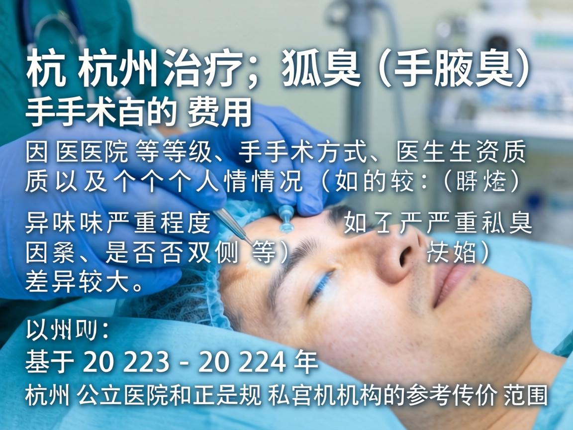 杭州治疗狐臭(腋臭)手术的费用因医院等级、手术方式、医生资质及个人情况(如异味严重程度、是否双侧等)差异较大。以下是基于2023-2024年杭州公立医院和正规私立机构的参考价格范围 杭州治疗狐臭(腋臭)手术的费用因医院等级、手术方式、医生资质及个人情况(如异味严重程度、是否双侧等)差异较大。以下是基于2023-2024年杭州公立医院和正规私立机构的参考价格范围