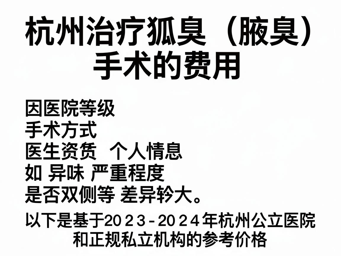 杭州治疗狐臭(腋臭)手术的费用因医院等级、手术方式、医生资质及个人情况(如异味严重程度、是否双侧等)差异较大。以下是基于2023-2024年杭州公立医院和正规私立机构的参考价格范围 杭州治疗狐臭(腋臭)手术的费用因医院等级、手术方式、医生资质及个人情况(如异味严重程度、是否双侧等)差异较大。以下是基于2023-2024年杭州公立医院和正规私立机构的参考价格范围