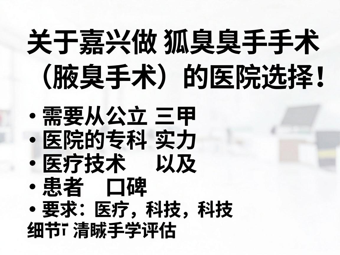 关于嘉兴做狐臭手术(腋臭手术)的医院选择,需要从公立三甲医院的专科实力、医疗技术以及患者口碑三个角度来评估 关于嘉兴做狐臭手术(腋臭手术)的医院选择,需要从公立三甲医院的专科实力、医疗技术以及患者口碑三个角度来评估