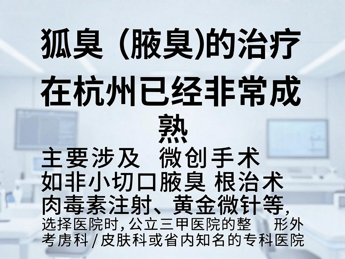 狐臭(腋臭)的治疗在杭州已经非常成熟,主要涉及微创手术(如小切口腋臭根治术)和非手术治疗(如肉毒素注射、黄金微针等)选择医院时,建议优先考虑公立三甲医院的整形外科/皮肤科或省内知名的专科医院 狐臭(腋臭)的治疗在杭州已经非常成熟,主要涉及微创手术(如小切口腋臭根治术)和非手术治疗(如肉毒素注射、黄金微针等)选择医院时,建议优先考虑公立三甲医院的整形外科/皮肤科或省内知名的专科医院