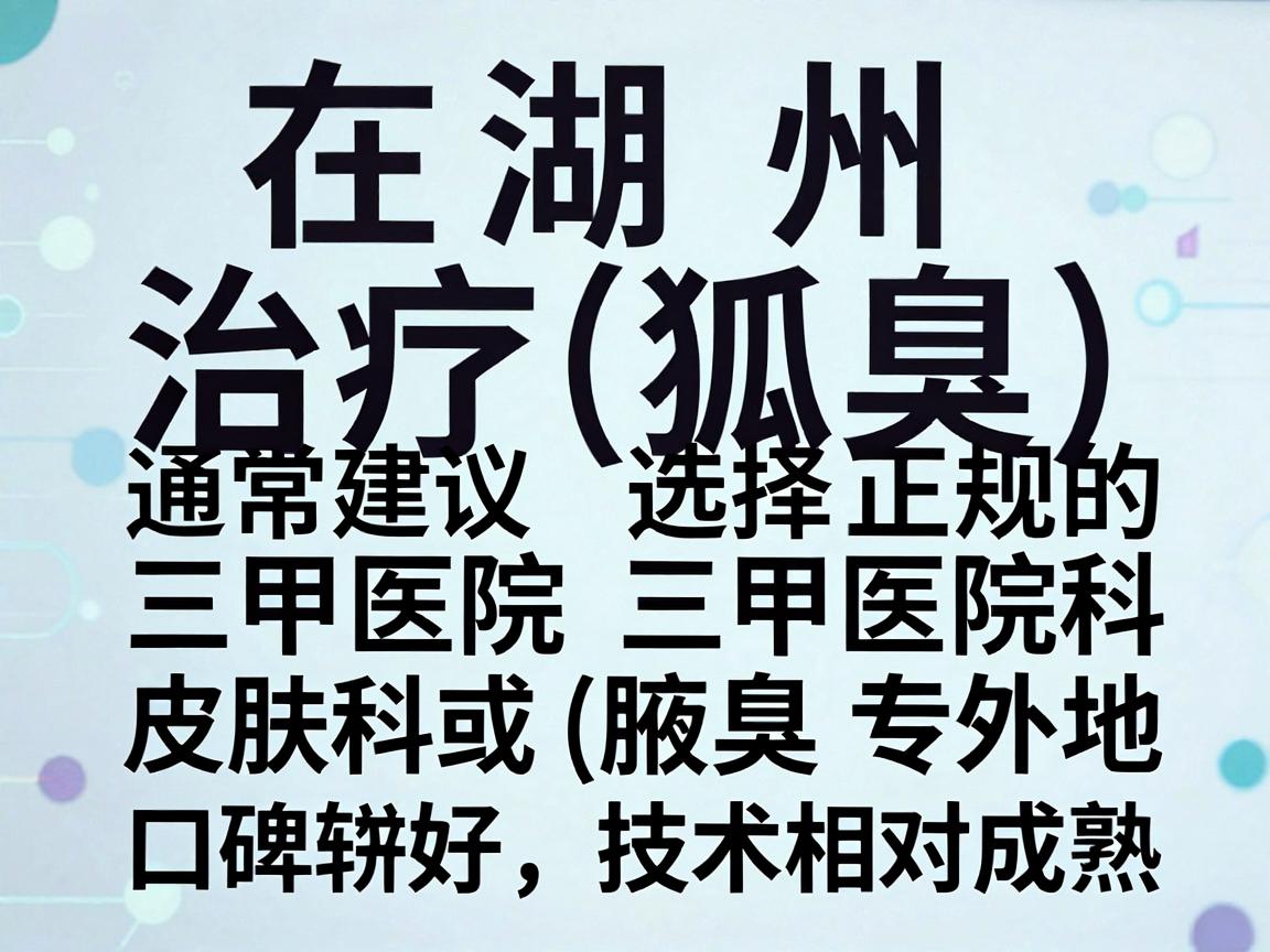 在湖州,治疗狐臭(腋臭)通常建议选择正规的三甲医院皮肤科或普外科(腋臭专科)以下几家医院在本地口碑较好,技术相对成熟 在湖州,治疗狐臭(腋臭)通常建议选择正规的三甲医院皮肤科或普外科(腋臭专科)以下几家医院在本地口碑较好,技术相对成熟