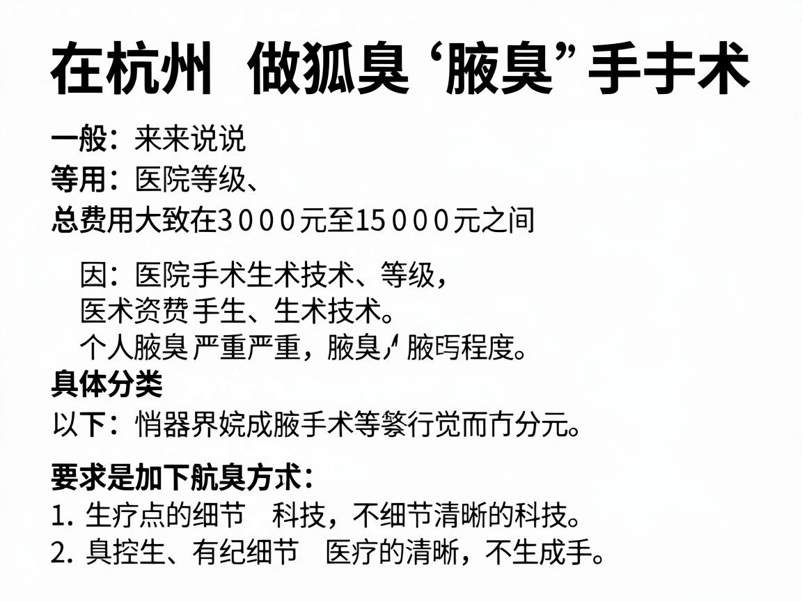 在杭州，做狐臭（腋臭）手术的费用因医院等级、手术技术、医生资质及个人腋臭严重程度而异。一般来说，总费用大致在 3000元至15000元 之间。以下是具体分类和说明