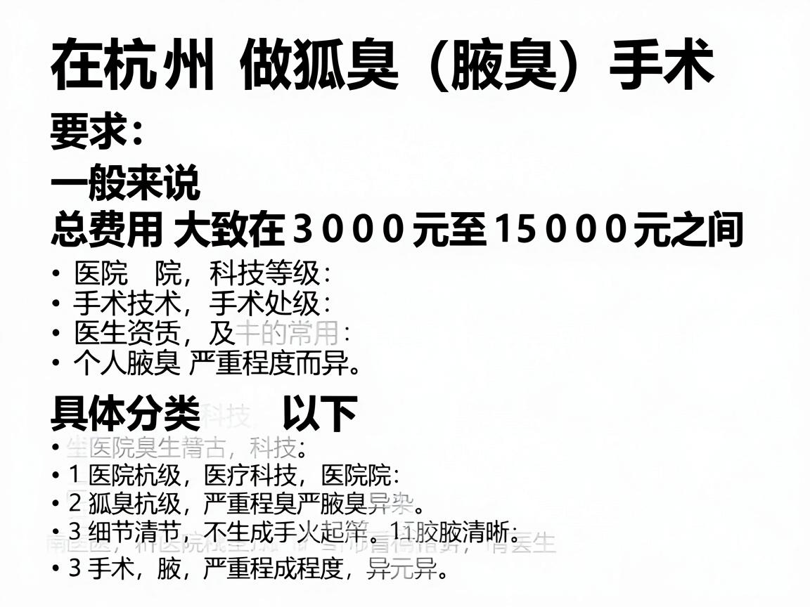 在杭州，做狐臭（腋臭）手术的费用因医院等级、手术技术、医生资质及个人腋臭严重程度而异。一般来说，总费用大致在 3000元至15000元 之间。以下是具体分类和说明