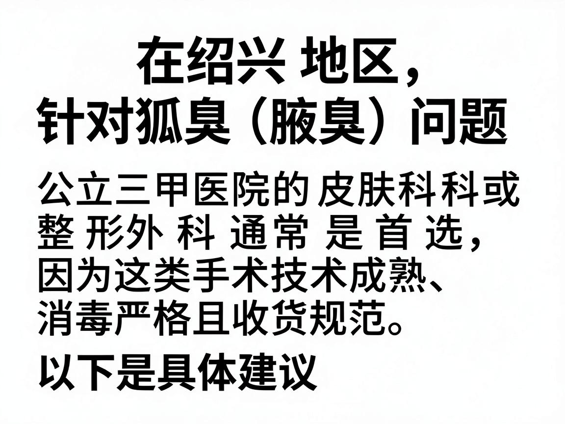 在绍兴地区，针对狐臭（腋臭）问题，公立三甲医院的皮肤科或整形外科通常是首选，因为这类手术技术成熟、消毒严格且收费规范。以下是具体建议