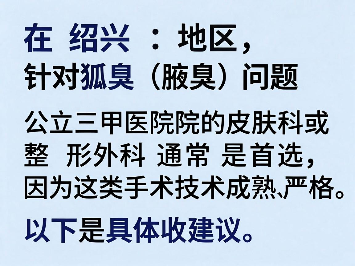 在绍兴地区，针对狐臭（腋臭）问题，公立三甲医院的皮肤科或整形外科通常是首选，因为这类手术技术成熟、消毒严格且收费规范。以下是具体建议