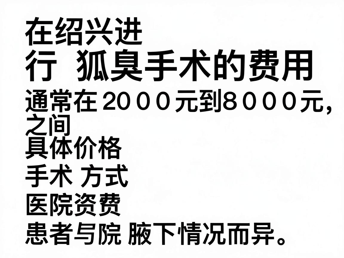 在绍兴进行狐臭手术的费用通常在 2000元到8000元 之间,具体价格因手术方式、医院等级、医生资质和患者腋下情况而异。以下是费用明细参考 在绍兴进行狐臭手术的费用通常在 2000元到8000元 之间,具体价格因手术方式、医院等级、医生资质和患者腋下情况而异。以下是费用明细参考