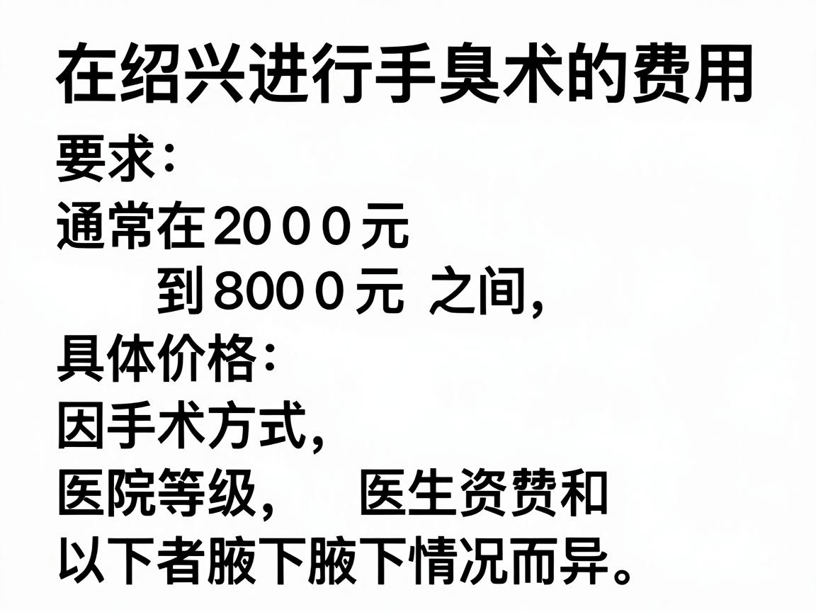 在绍兴进行狐臭手术的费用通常在 2000元到8000元 之间,具体价格因手术方式、医院等级、医生资质和患者腋下情况而异。以下是费用明细参考 在绍兴进行狐臭手术的费用通常在 2000元到8000元 之间,具体价格因手术方式、医院等级、医生资质和患者腋下情况而异。以下是费用明细参考