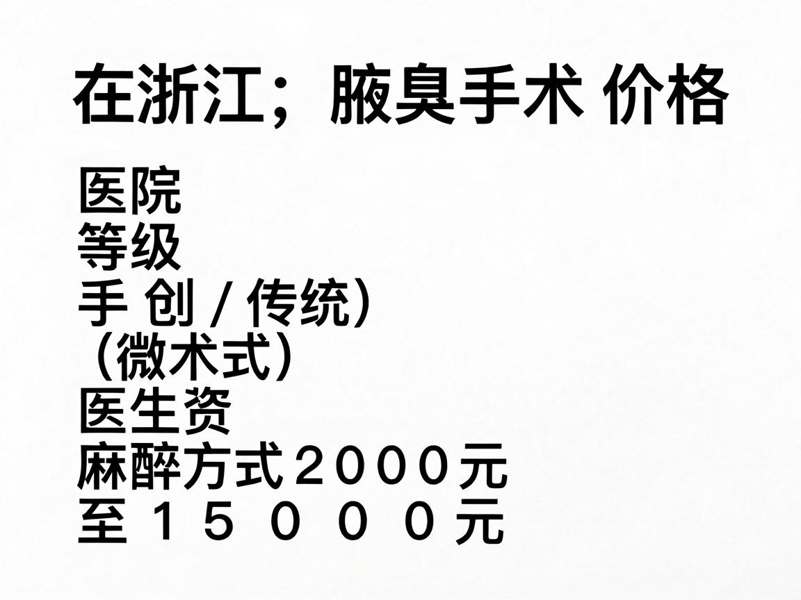 在浙江,腋臭手术的价格因医院等级、手术方式(微创/传统)医生资质及麻醉方式等因素差异较大。通常价格范围在 2000元至15000元 之间。以下是一些具体参考 在浙江,腋臭手术的价格因医院等级、手术方式(微创/传统)医生资质及麻醉方式等因素差异较大。通常价格范围在 2000元至15000元 之间。以下是一些具体参考