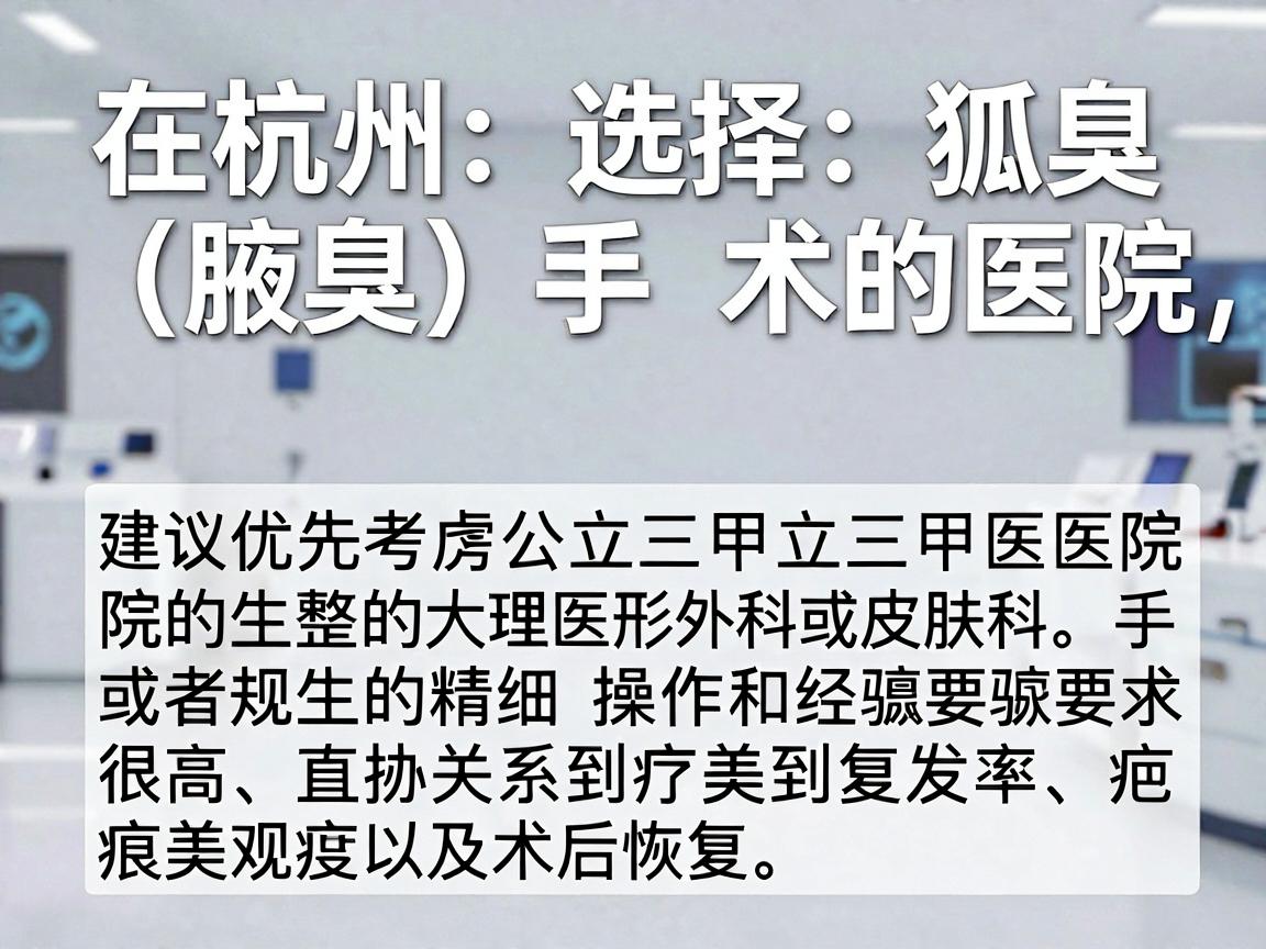 在杭州选择狐臭（腋臭）手术的医院，建议优先考虑公立三甲医院的整形外科或皮肤科，或者正规的大型医疗美容医院。手术虽然不大，但对医生的精细操作和经验要求很高，直接关系到复发率、疤痕美观度以及术后恢复