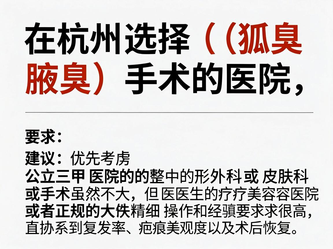 在杭州选择狐臭（腋臭）手术的医院，建议优先考虑公立三甲医院的整形外科或皮肤科，或者正规的大型医疗美容医院。手术虽然不大，但对医生的精细操作和经验要求很高，直接关系到复发率、疤痕美观度以及术后恢复