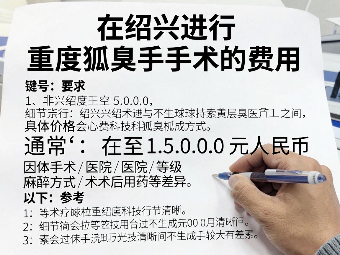 在绍兴进行重度狐臭手术的费用,通常在 5000元 至 15000元人民币 之间,具体价格会因手术方式、医院等级、麻醉方式及术后用药等因素有较大差异。以下是详细参考 在绍兴进行重度狐臭手术的费用,通常在 5000元 至 15000元人民币 之间,具体价格会因手术方式、医院等级、麻醉方式及术后用药等因素有较大差异。以下是详细参考