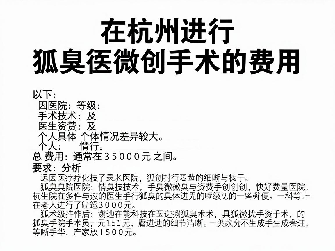 在杭州进行狐臭微创手术的费用,因医院等级、手术技术、医生资质及个人具体情况差异较大,总费用通常在 3000元 至 15000元 之间。以下是详细分析 在杭州进行狐臭微创手术的费用,因医院等级、手术技术、医生资质及个人具体情况差异较大,总费用通常在 3000元 至 15000元 之间。以下是详细分析