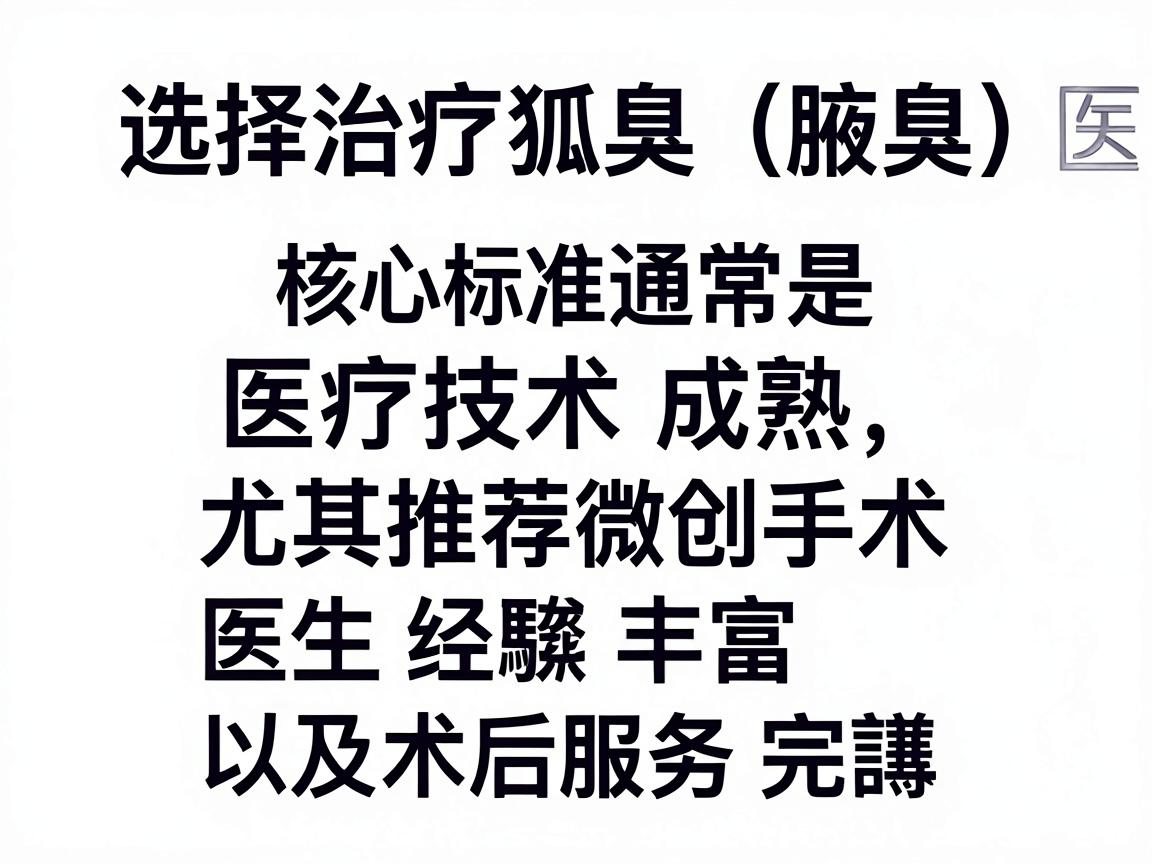 选择治疗狐臭(腋臭)的医院,核心标准通常是,医疗技术成熟(尤其推荐微创手术)医生经验丰富、以及术后服务完善 选择治疗狐臭(腋臭)的医院,核心标准通常是,医疗技术成熟(尤其推荐微创手术)医生经验丰富、以及术后服务完善