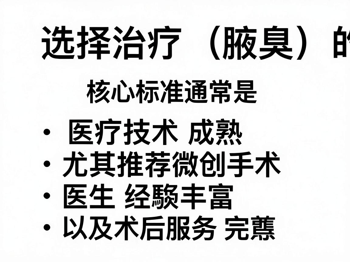 选择治疗狐臭(腋臭)的医院,核心标准通常是,医疗技术成熟(尤其推荐微创手术)医生经验丰富、以及术后服务完善 选择治疗狐臭(腋臭)的医院,核心标准通常是,医疗技术成熟(尤其推荐微创手术)医生经验丰富、以及术后服务完善