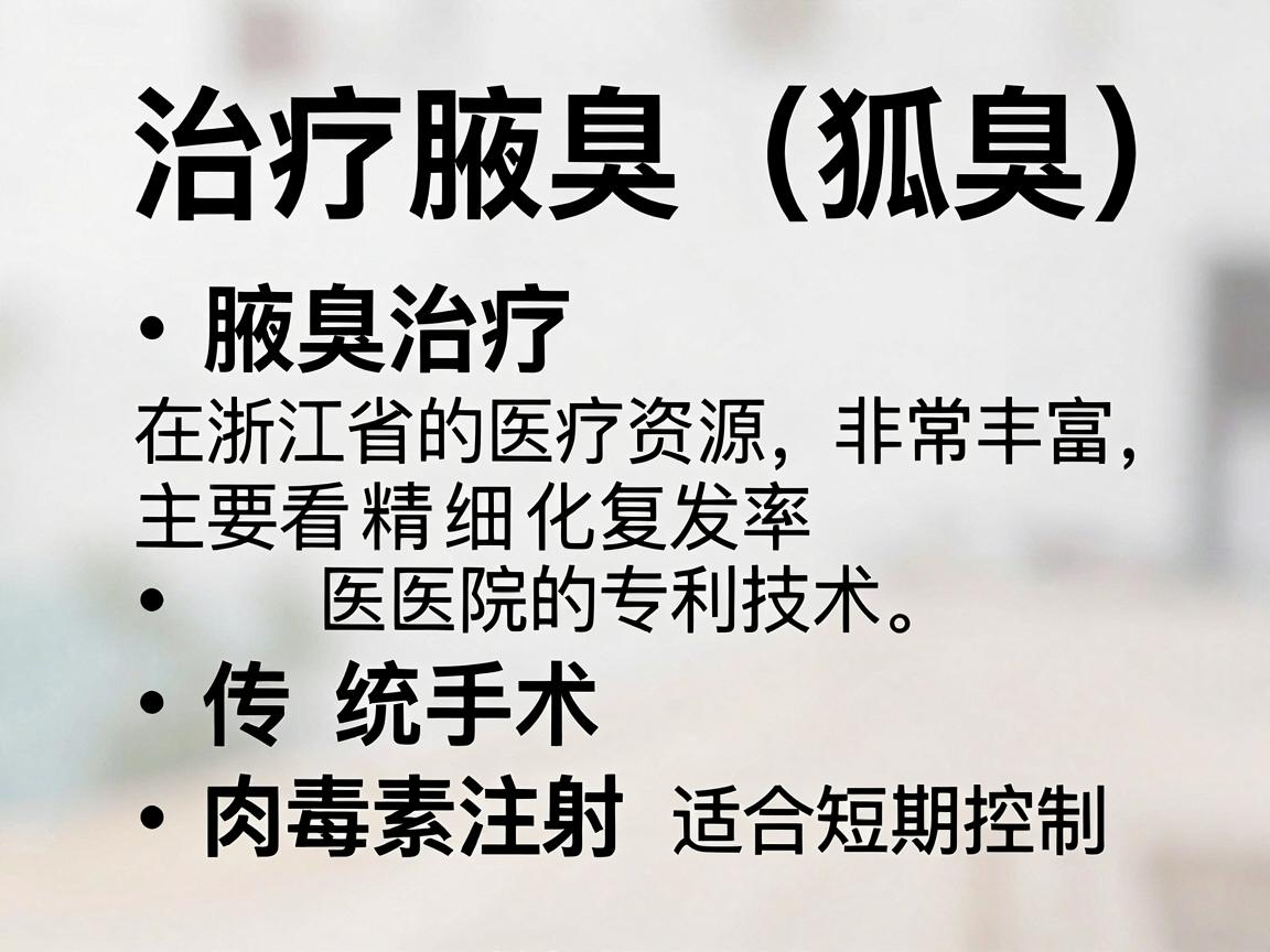 治疗腋臭（狐臭）在浙江省的医疗资源非常丰富，选择医院主要看手术的精细化程度、复发率以及医院的专利技术。腋臭治疗主要分微创手术（重点推荐）传统手术及肉毒素注射（适合短期控制）