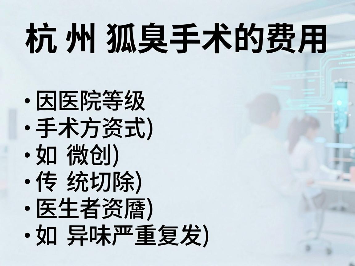 杭州狐臭手术的费用因医院等级、手术方式(如微创、传统切除)医生资历以及患者具体情况(如异味严重程度、是否复发)而异。一般来说,参考价格范围如下 杭州狐臭手术的费用因医院等级、手术方式(如微创、传统切除)医生资历以及患者具体情况(如异味严重程度、是否复发)而异。一般来说,参考价格范围如下
