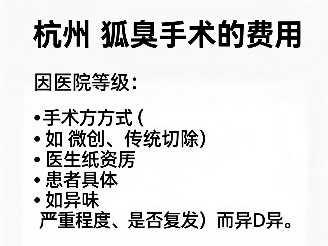 杭州狐臭手术的费用因医院等级、手术方式(如微创、传统切除)医生资历以及患者具体情况(如异味严重程度、是否复发)而异。一般来说,参考价格范围如下 杭州狐臭手术的费用因医院等级、手术方式(如微创、传统切除)医生资历以及患者具体情况(如异味严重程度、是否复发)而异。一般来说,参考价格范围如下