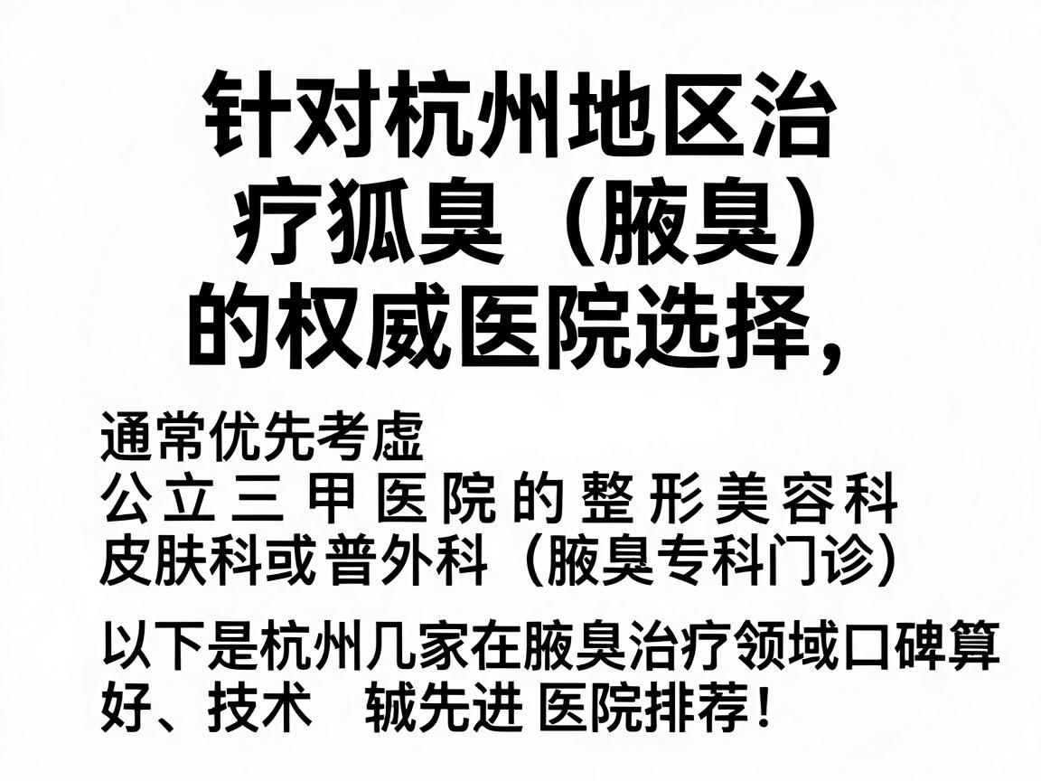 针对杭州地区治疗狐臭（腋臭）的权威医院选择，通常优先考虑公立三甲医院的整形美容科、皮肤科或普外科（腋臭专科门诊）以下是杭州几家在腋臭治疗领域口碑较好、技术较先进的医院推荐，供你参考