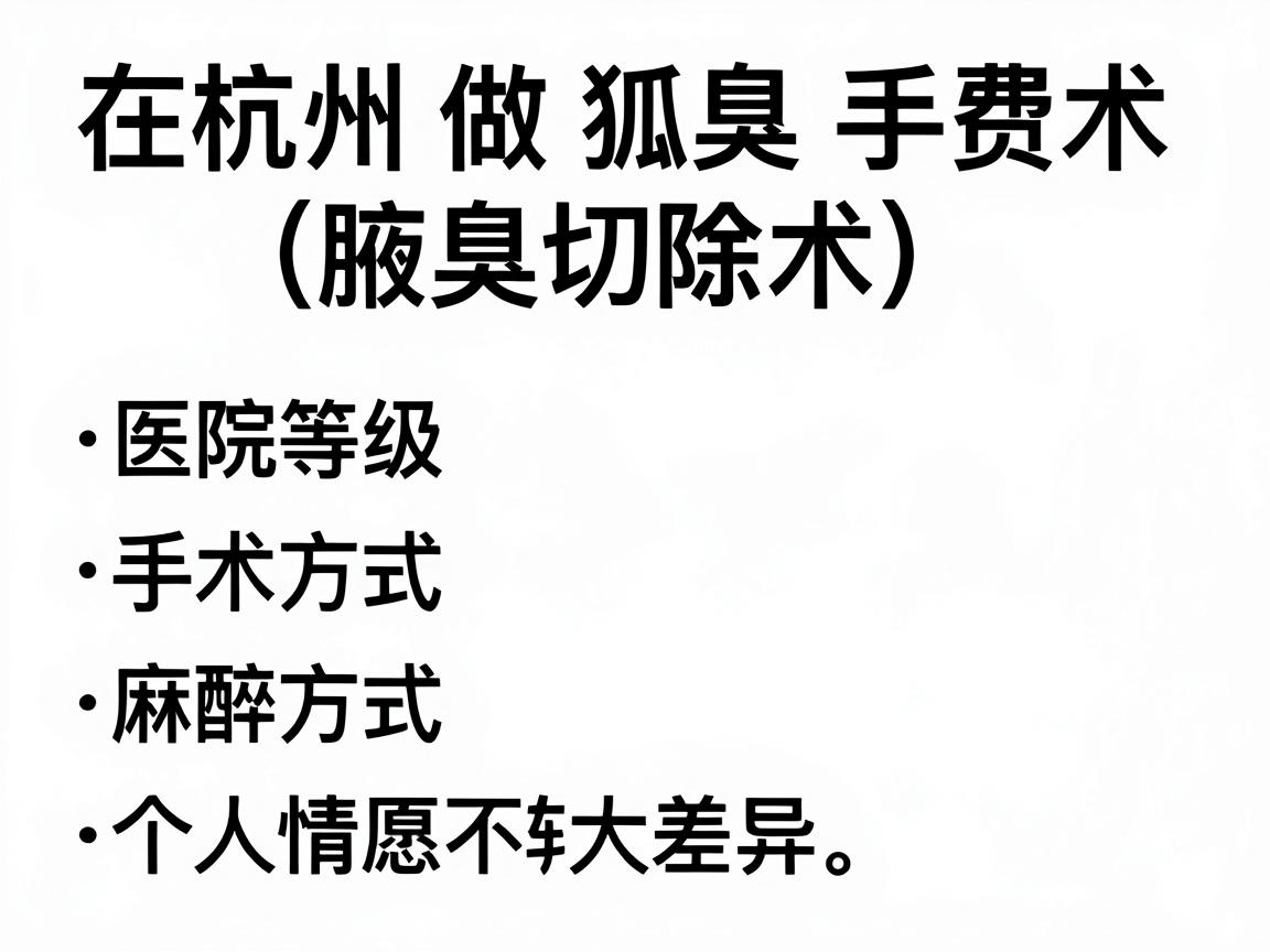 在杭州做狐臭手术(腋臭切除术)的费用因医院等级、手术方式、麻醉方式及个人情况不同而有较大差异。以下是大致的费用范围和关键影响因素,供你参考 在杭州做狐臭手术(腋臭切除术)的费用因医院等级、手术方式、麻醉方式及个人情况不同而有较大差异。以下是大致的费用范围和关键影响因素,供你参考