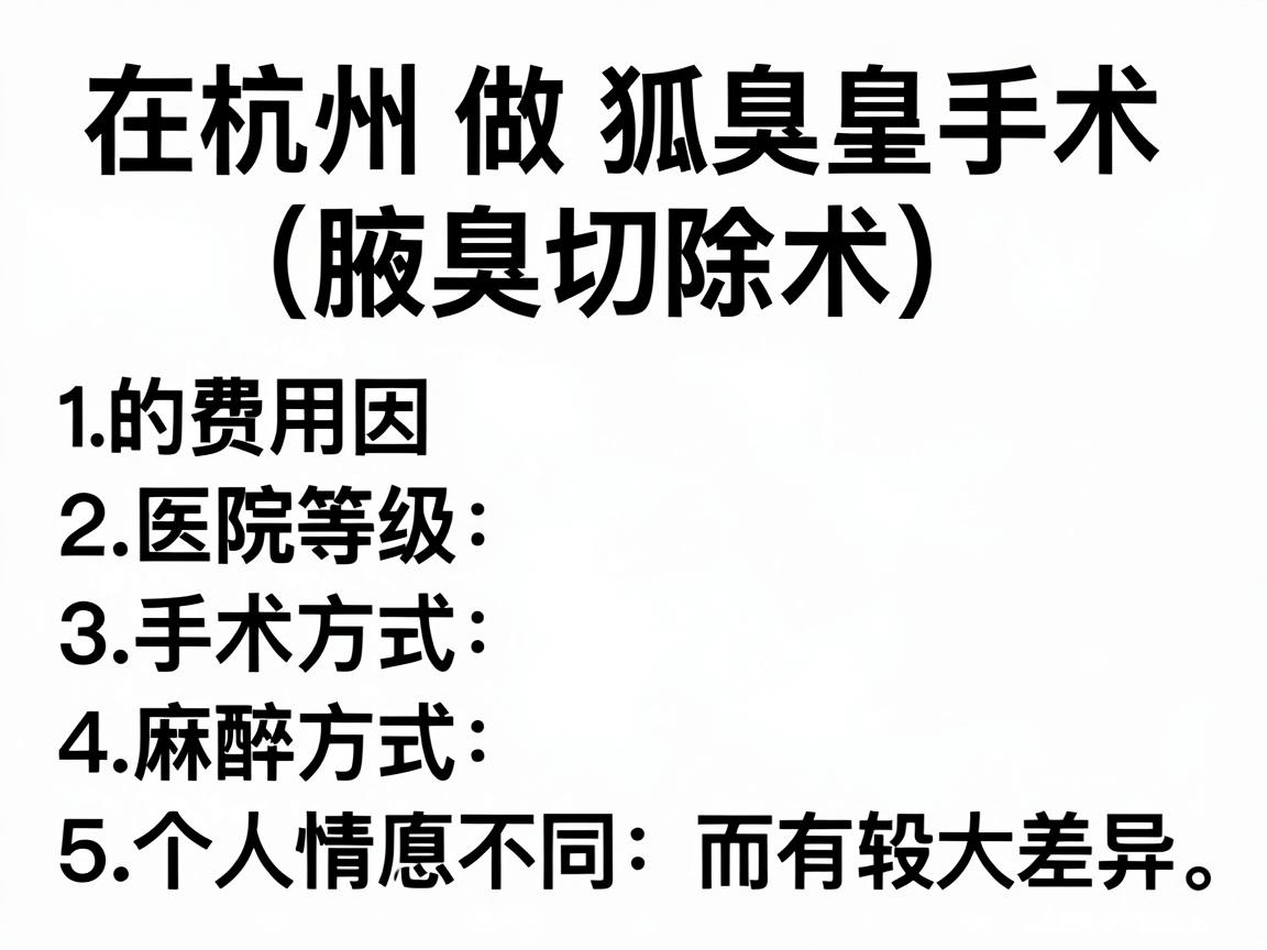 在杭州做狐臭手术(腋臭切除术)的费用因医院等级、手术方式、麻醉方式及个人情况不同而有较大差异。以下是大致的费用范围和关键影响因素,供你参考 在杭州做狐臭手术(腋臭切除术)的费用因医院等级、手术方式、麻醉方式及个人情况不同而有较大差异。以下是大致的费用范围和关键影响因素,供你参考