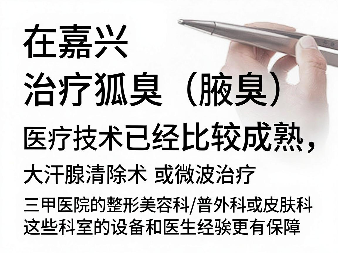 在嘉兴，治疗狐臭（腋臭）的医疗技术已经比较成熟，通常采用微创手术（如小切口大汗腺清除术或微波治疗）选择医院时，建议重点关注三甲医院的整形美容科/普外科或皮肤科，这些科室的设备和医生经验更有保障