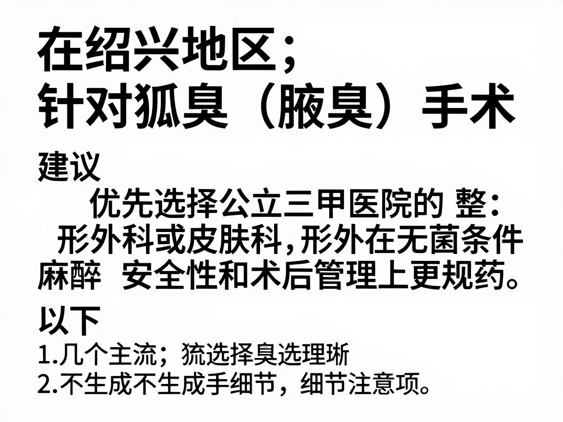 在绍兴地区,针对狐臭(腋臭)手术,建议优先选择公立三甲医院的整形外科或皮肤科,因为这类医院在无菌条件、麻醉安全性和术后管理上更规范。以下是几个主流选择及注意事项 在绍兴地区,针对狐臭(腋臭)手术,建议优先选择公立三甲医院的整形外科或皮肤科,因为这类医院在无菌条件、麻醉安全性和术后管理上更规范。以下是几个主流选择及注意事项