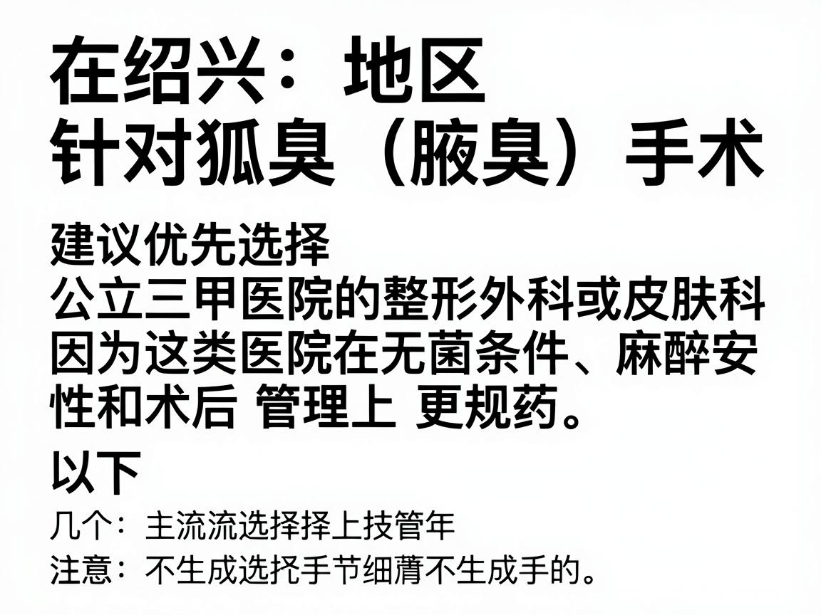 在绍兴地区,针对狐臭(腋臭)手术,建议优先选择公立三甲医院的整形外科或皮肤科,因为这类医院在无菌条件、麻醉安全性和术后管理上更规范。以下是几个主流选择及注意事项 在绍兴地区,针对狐臭(腋臭)手术,建议优先选择公立三甲医院的整形外科或皮肤科,因为这类医院在无菌条件、麻醉安全性和术后管理上更规范。以下是几个主流选择及注意事项
