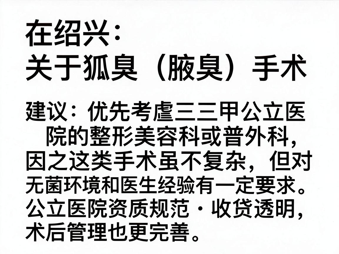 在绍兴,关于狐臭(腋臭)手术,建议优先考虑三甲公立医院的整形美容科或普外科,因为这类手术虽不复杂,但对无菌环境和医生经验有一定要求。公立医院资质规范、收费透明,术后管理也更完善 在绍兴,关于狐臭(腋臭)手术,建议优先考虑三甲公立医院的整形美容科或普外科,因为这类手术虽不复杂,但对无菌环境和医生经验有一定要求。公立医院资质规范、收费透明,术后管理也更完善