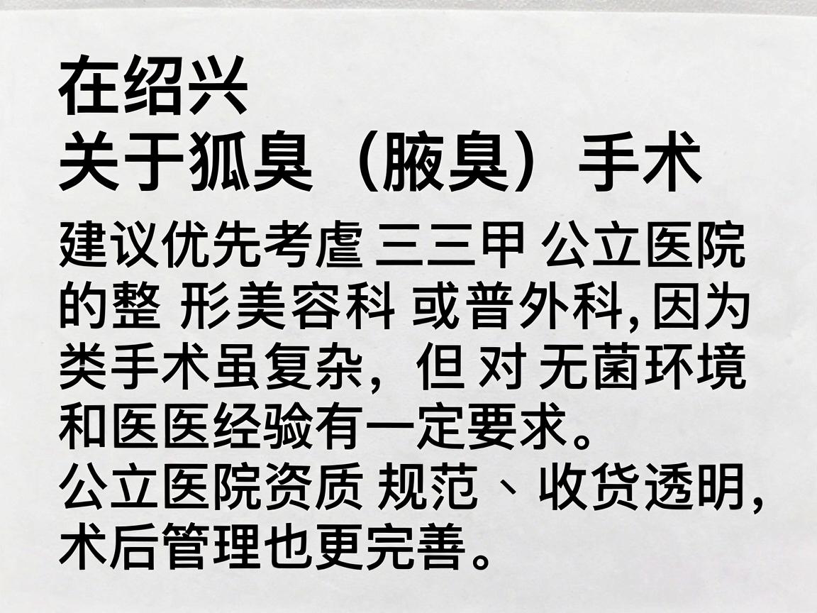 在绍兴,关于狐臭(腋臭)手术,建议优先考虑三甲公立医院的整形美容科或普外科,因为这类手术虽不复杂,但对无菌环境和医生经验有一定要求。公立医院资质规范、收费透明,术后管理也更完善 在绍兴,关于狐臭(腋臭)手术,建议优先考虑三甲公立医院的整形美容科或普外科,因为这类手术虽不复杂,但对无菌环境和医生经验有一定要求。公立医院资质规范、收费透明,术后管理也更完善