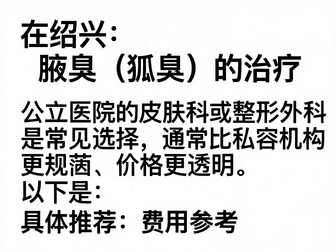 在绍兴,针对腋臭(狐臭)的治疗,公立医院的皮肤科或整形外科是常见选择,通常比私立美容机构更规范、价格更透明。以下是具体推荐和费用参考 在绍兴,针对腋臭(狐臭)的治疗,公立医院的皮肤科或整形外科是常见选择,通常比私立美容机构更规范、价格更透明。以下是具体推荐和费用参考